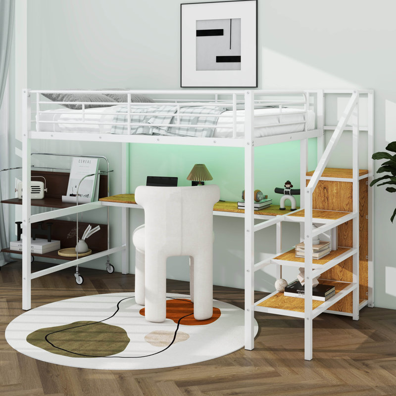 Lit mezzanine double en métal avec bureau en L, port USB, DEL, armoire, Blanc