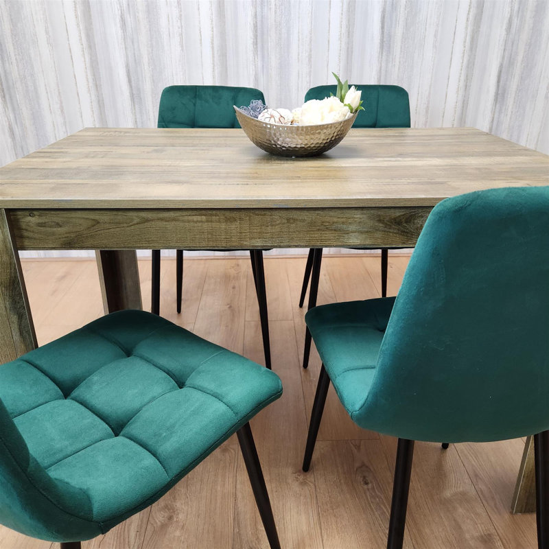 Dining Set of 4 Dining Table and 4 Velvet Chairs Dining Room Furniture, Green, 75cm H x 140cm W x 80cm D