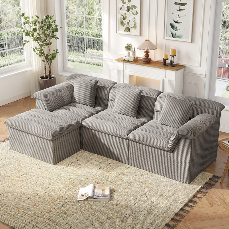 Boneless 112" Cloud Modular Sectional Sofa, Corduroy Boneless Couches with Deep Seat, Light Gray
