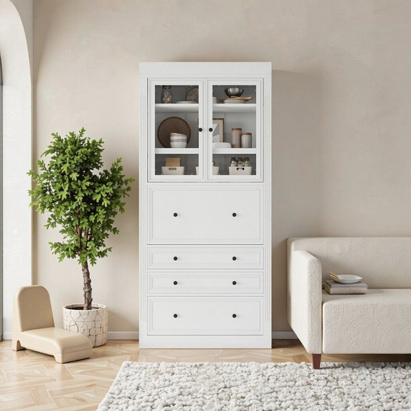 78" Freestanding Kitchen Pantry Cabinet With Power Outlet 3 Drawers & Adjustable Shelves, White