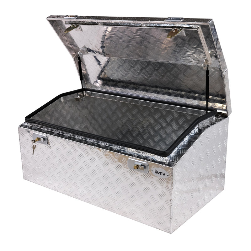 Boîte à outils en aluminium robuste pour remorque avec verrou (43 po x 23,5 po x 19,5 po), Argent argent