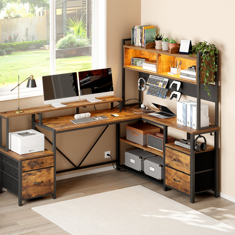 75" L-Shaped Computer Desk Desk with Hutch and Power Outlets, Corner Desk with Monitor Stand and Storage, Rustic Brown