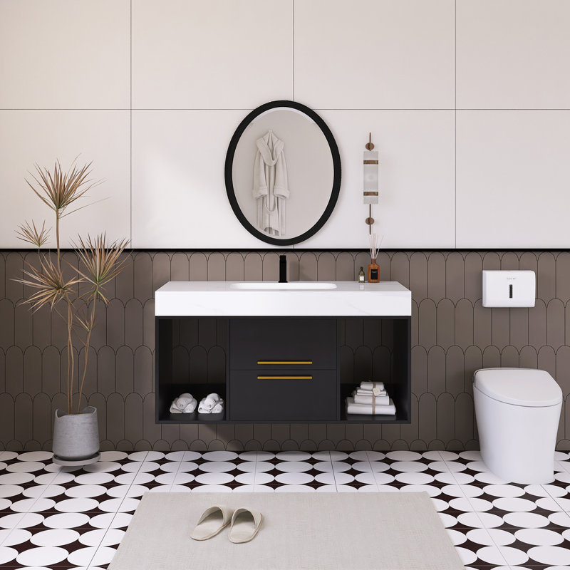 Meuble-lavabo mural simple 39,4 po avec comptoir en faux marbre, Noir