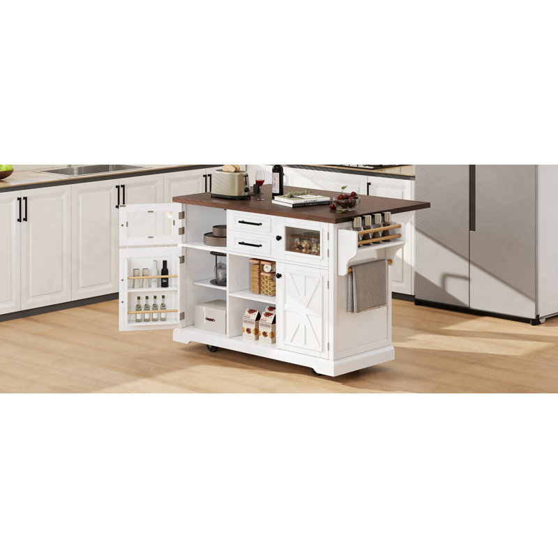 54.9" Kitchen Island With Drop Leaf, Power Outlet, Kitchen Storage Cart With 4 Door Shelves, Cross Barn Doors & Visual Glass Door, Rolling Kitchen Island On 4 Wheels For Kitchen, Dining Room,White