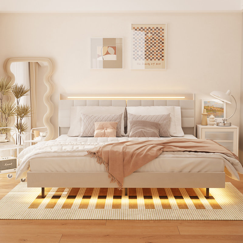 King Floating Bed Frame With LED Light And Charging Station Upholstered Platform Bed Frame King Size With Headboard And Hidden Storage Space