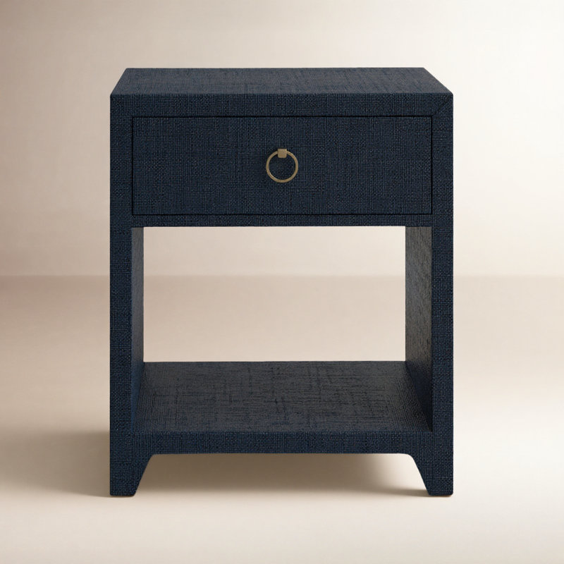 Bar Harbor Raffia 1 Drawer Nightstand, Navy Blue