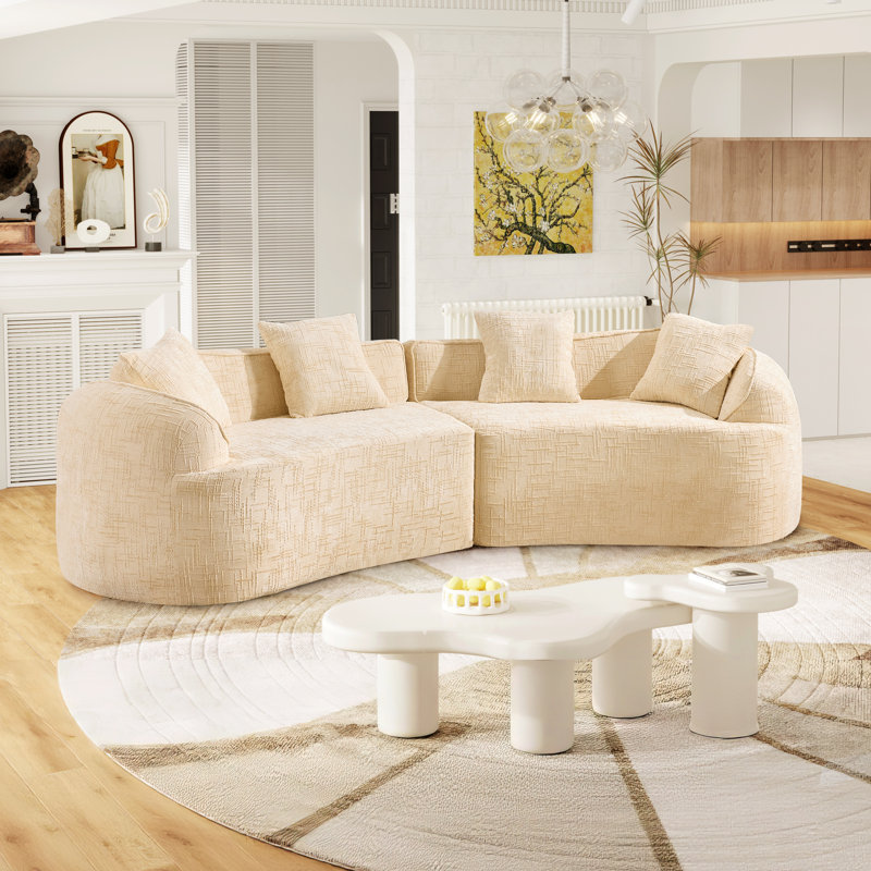 2-Piece Curved Compressed Sectional Sofa, Symmetrical Modular Design, Beige Chenille