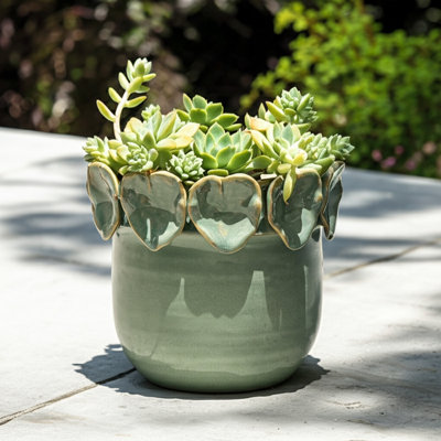 Modern Leaf Accent Round Ceramic Outdoor Planter for Home Decor - Applique Indoor Flower Pots for Living Room and Patio Styling - Green