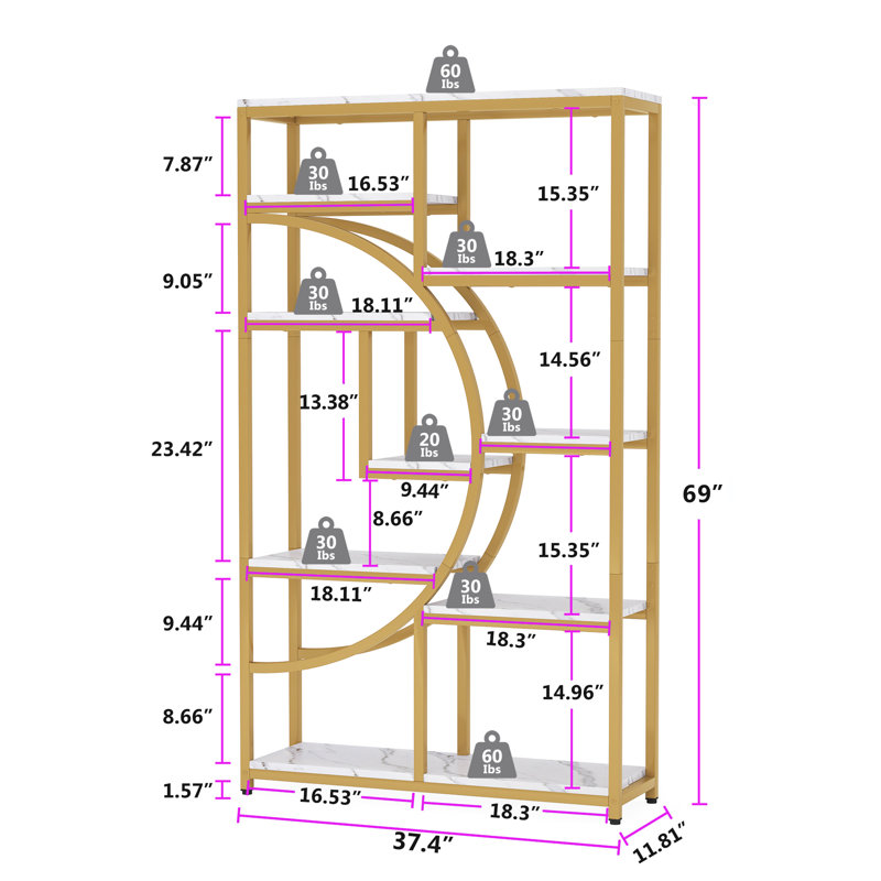69" Geometric Bookcase with 9 Open Shelves