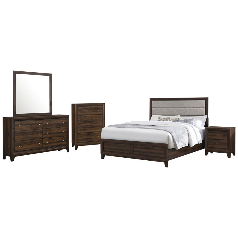 Mobilier de chambre à coucher grand lit, ton noyer, tête de lit rembourrée en mousse confortable et tiroir de rangement