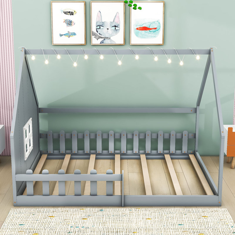 Full Wood House Bed Frame with Built-In Window, LED Light String and Fence, Gray