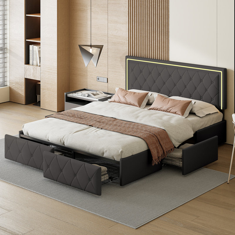 Upholstered Storage Bed, European Double (140 x 200 cm), Grey