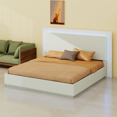 Modern Platform Bed with Headboard, LED Light and Wood Slat Support for Small Rooms