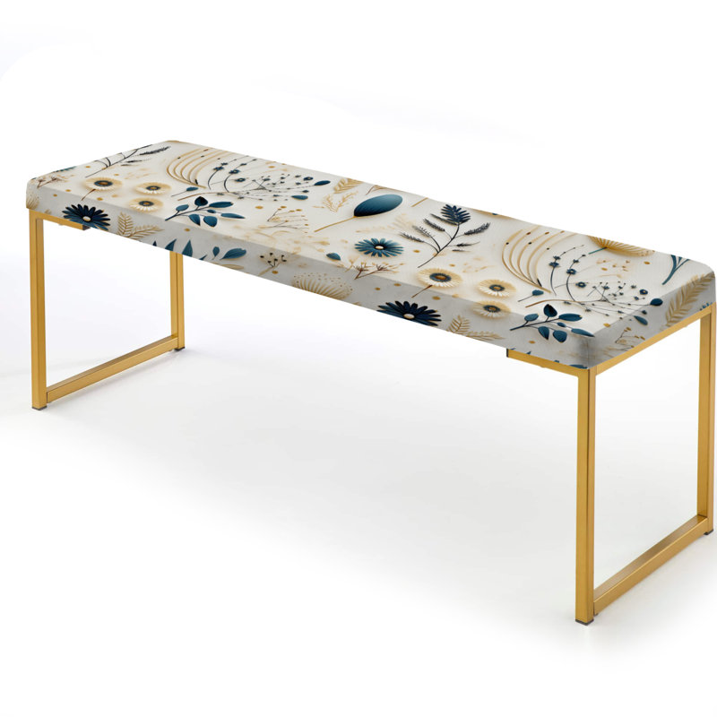 Blue And White Ferns Minimalism Boho Pattern II - Floral Upholstered Gold Bench