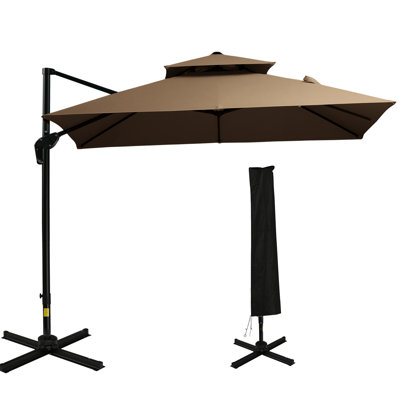 Parasol de patio décalé avec base, rotation à 360 degrés, conception à double plateau, 8 nervures, inclinaison sans effort, manivelle, parasol à café, base incluse, plateau double à 360 °, facile