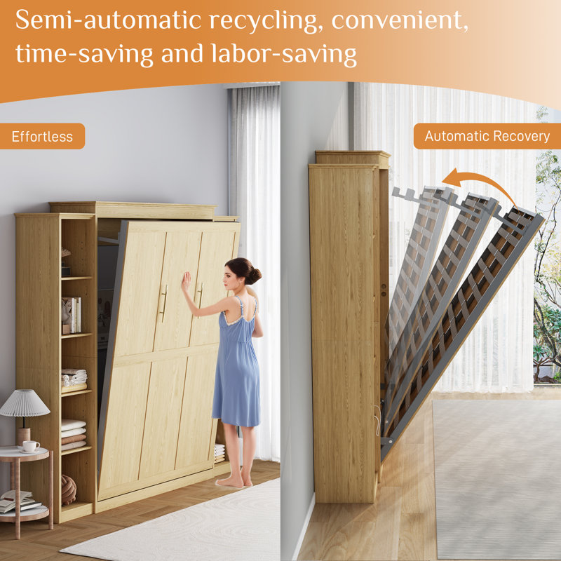 Grand lit escamotable mural avec tablettes de rangement, Grand lit, Naturel
