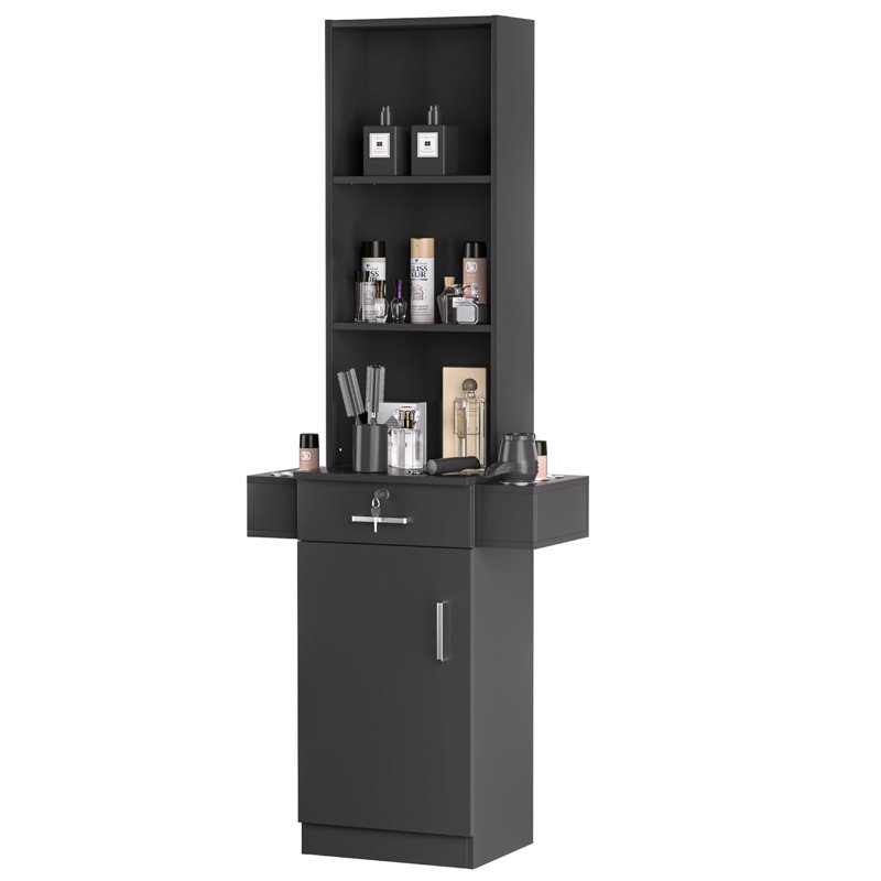 70 Inch Black Barber Salon Work Station - Hair Stylist Storage Cabinet with Large Capacity, Home & Barbershop Beauty Equipment Organizer