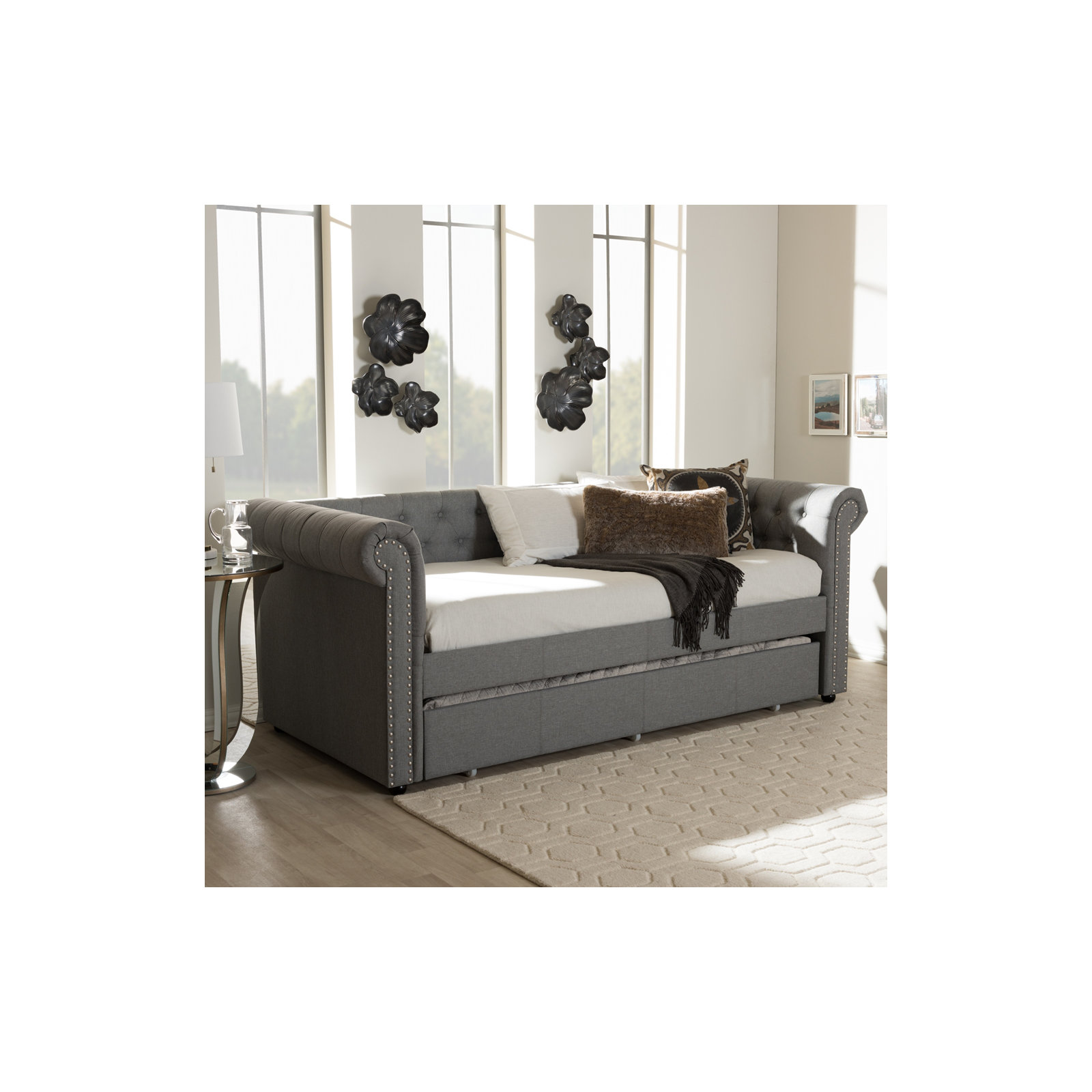 Mynard Upholstered Daybed with Trundle - Twin, Gray