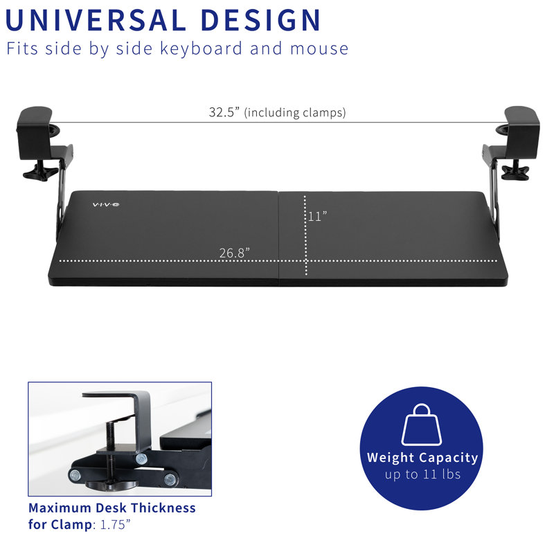 Vivo Extra Sturdy Clamp-on Under Desk Keyboard Tray with Swinging Height Adjustment (MOUNT-KB08V)