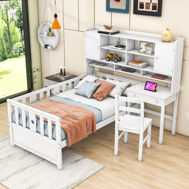 Twin Wood Platform Bed with Bookshelf, Chair, Desk and Drawer, White