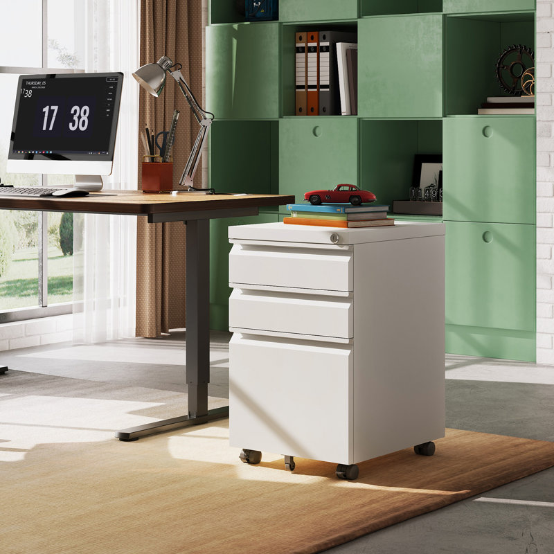 Markiese 3 Drawer Metal File Cabinet with Lock, Mobile Filing Cabinet for Home Office, Letter & Legal Size Compatible, White File Cabinet, Printer Cabinet