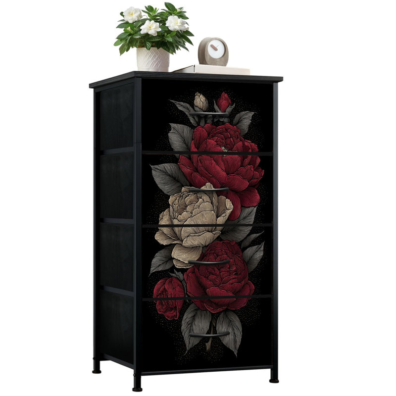 Commode pour chambre à coucher avec 4 tiroirs de rangement Commode à fleurs rétro Moody