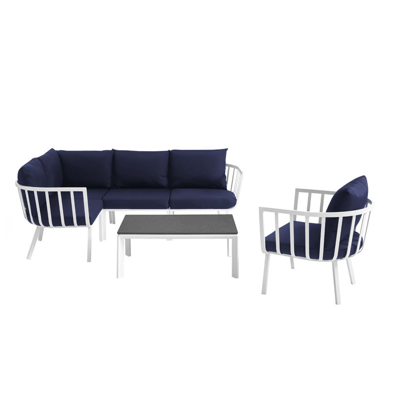 Riverside 4 Piece Outdoor Patio Aluminum Sectional Set with Armchair and Table, White Navy