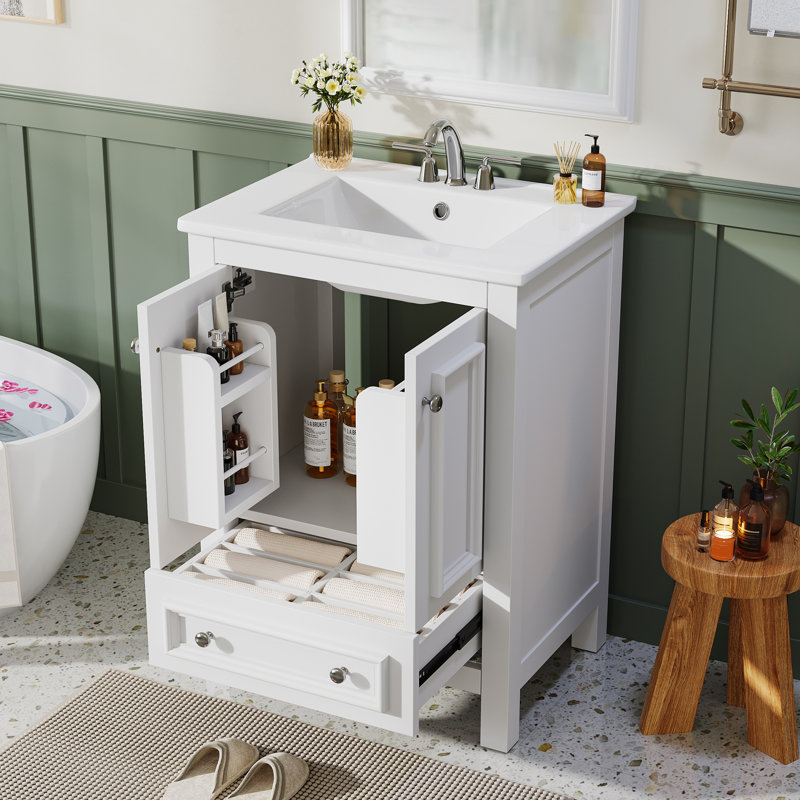 Ensemble de meuble-lavabo autoportant 24 po avec lavabo et cadre de porte en bois massif, Blanc, 24"