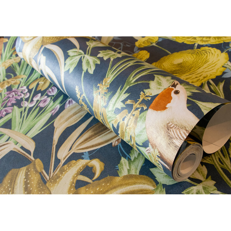 Harldson Mo'orea Inspired Flowers And Birds 8.5 m x 70cm Wallpaper Roll, Blueberry