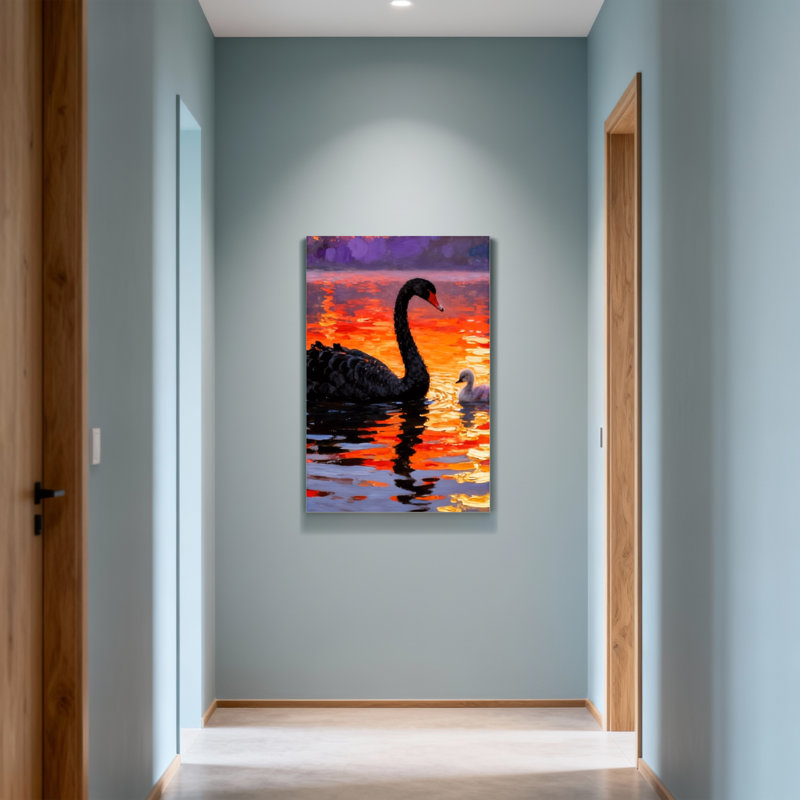 Animals Black Swan And Cygnet At Sunset, 18" H x 12" W