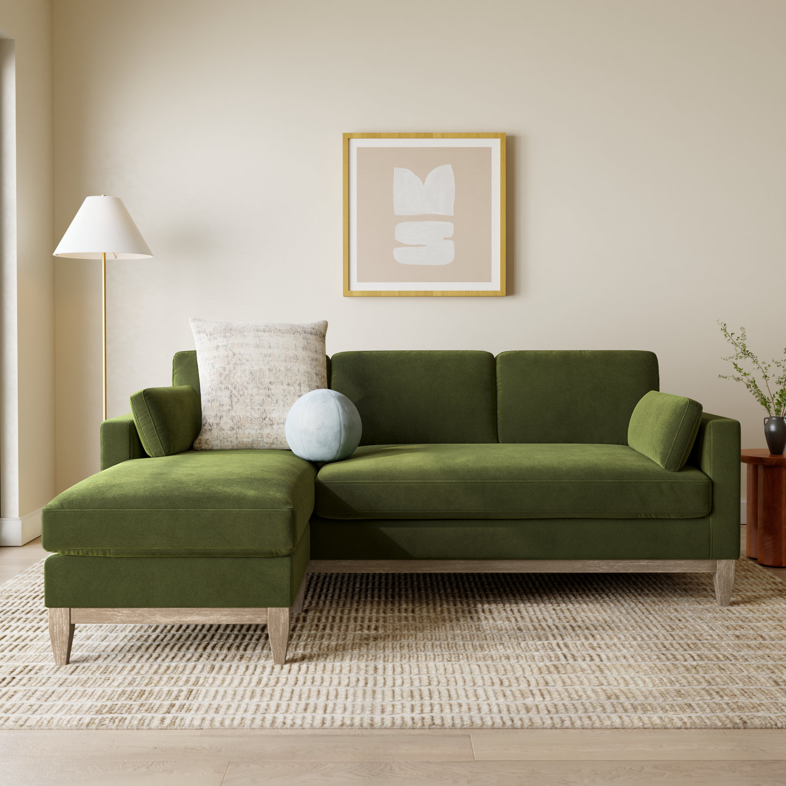 Pera Velvet Modular Sofa and Chaise, Olive Green Velvet