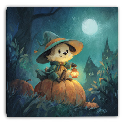 Art d'Halloween chien dans un chapeau de sorcière avec citrouille et lanterne