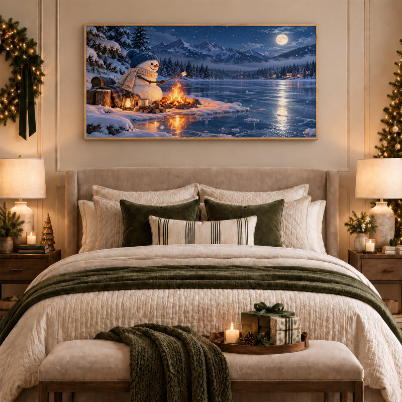«Snowman Roast Marshmallow» par Campfire sur toile de Noël, art mural, L 58 po x H 28 po
