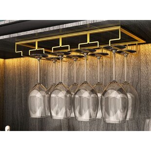 Industrial Metal Wine Glass Holder Stand - 2 Hanger Bar / White Washed Wood  Base