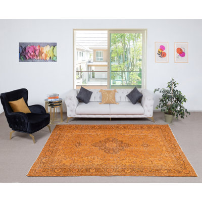 Tapis turc en laine fait à la main 7 x 9,4 pi. Tapis orange rétro pour maison moderne
