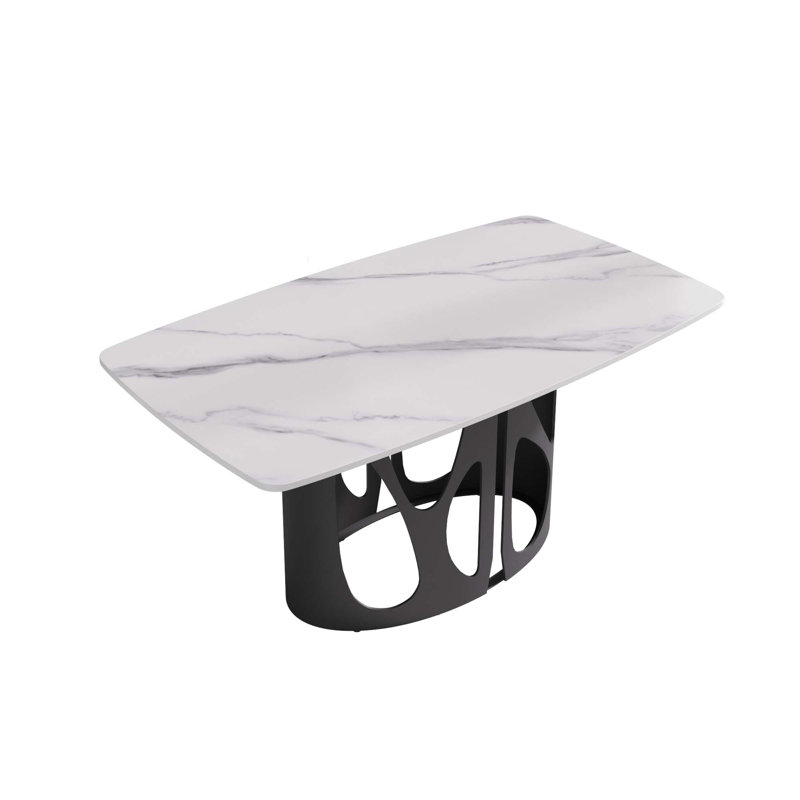 Table de salle à manger rectangulaire contemporaine en pierre artificielle avec pieds en fer noir, Blanc