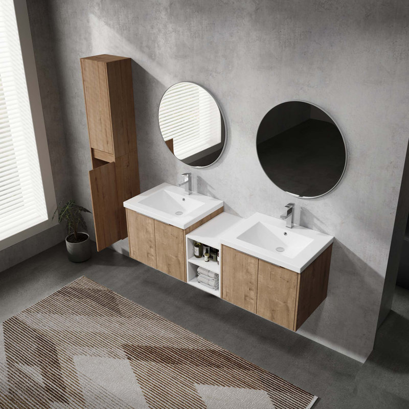 Meuble-lavabo mural avec lavabo et armoire latérale, portes à fermeture en douceur, 59"