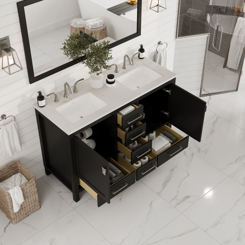 Espresso Solid Wood Double Sink Bathroom Vanity with Carrara Quartz Top