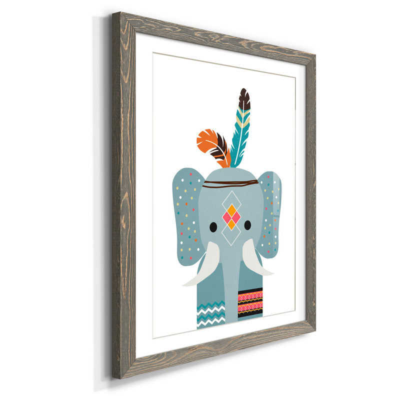Boho Elephant - Reproduction d'art graphique encadré, H 44 po x l 31 po x P 1 po, Cadre en papier gris, Blanc