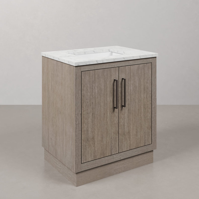 Hugo 30 In. Single Sink Carrara White Marble Countertop Vanity In Grey Oak With Gooseneck Faucet, Oil Rubbed Bronze