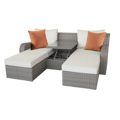 Salena Beige Fabric & Gray Wicker Patio Sofa W/2 Pillows & 2 Ottomans