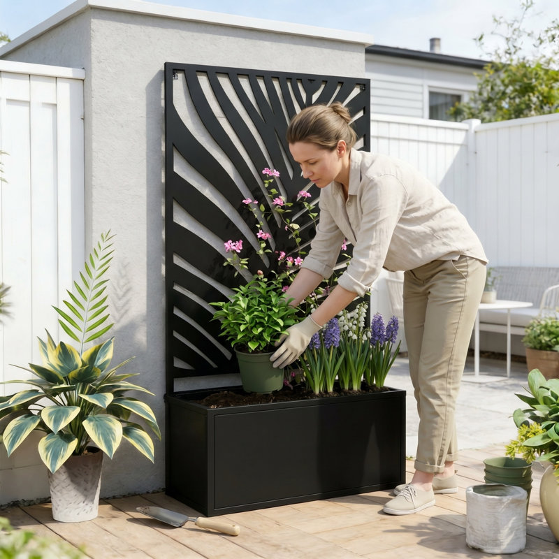 Lit de jardin surélevé autoportant et mural avec treillis d'intimité, jardinière en métal pour patio, balcon