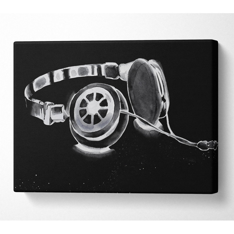Headphones B N W - Wrapped Canvas Print, 81cm H x 121.9cm W x 10cm D