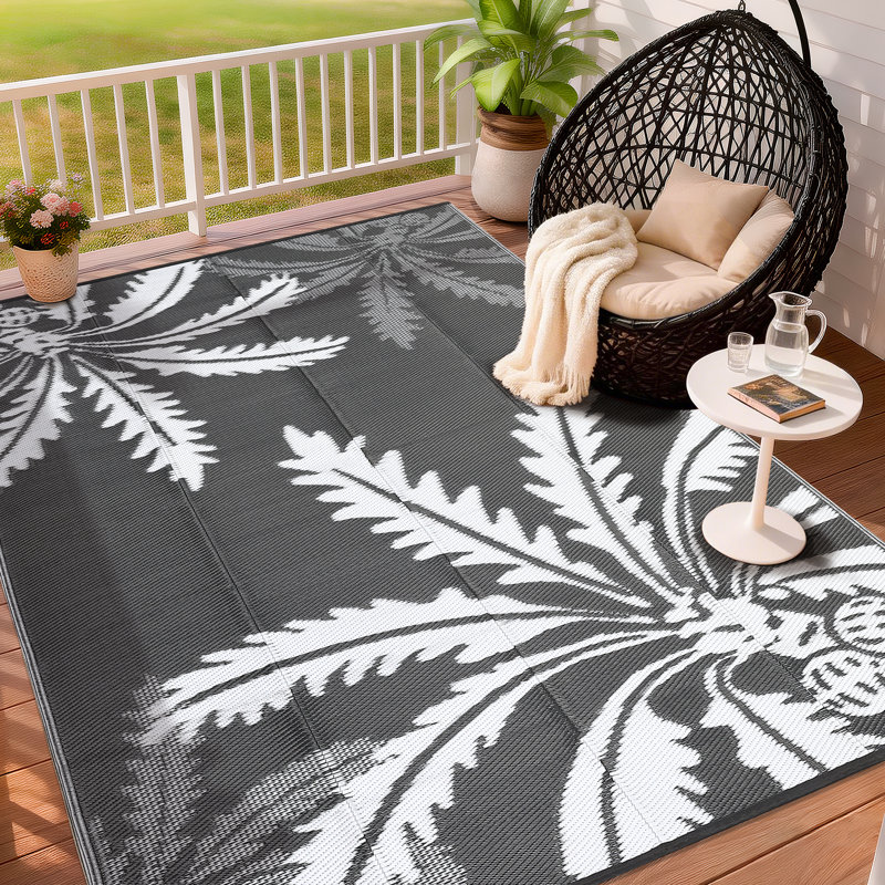 Waterproof Outdoor Rug 8x10 for Patio, Reversible Modern Area Rug, Large Plastic Straw Mat for Camping, RV, Porch, Backyard, Deck, Picnic, Beach, Grey & White