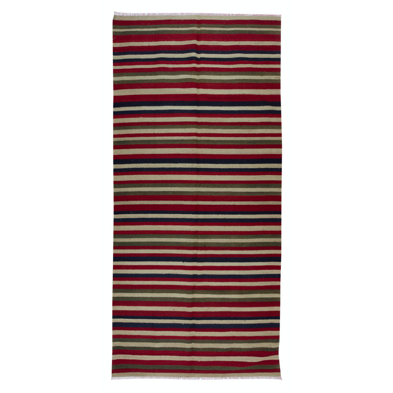 Tapis kilim anatolien tissé à la main 4,8 x 9,8 pi avec rayures colorées, «Flat-Weve», 100% laine