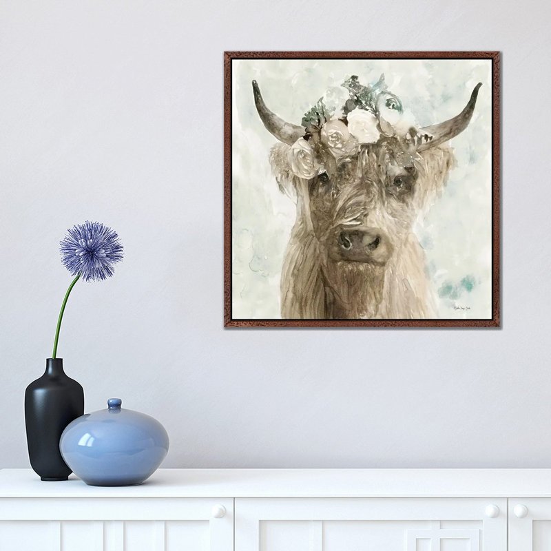 Cow And Crown II by Stellar Design Studio - Painting on Canvas, Brown Floater Frame, 45.72 cm H x 45.72 cm W