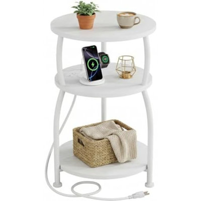 Table d'appoint ronde avec prise de courant, port USB Type C, table de bout à 3 niveaux | Table de chevet 15,7 po pour petits espaces, table d'appoint haute avec station de charge pour canapé, salon, jardin, blanc