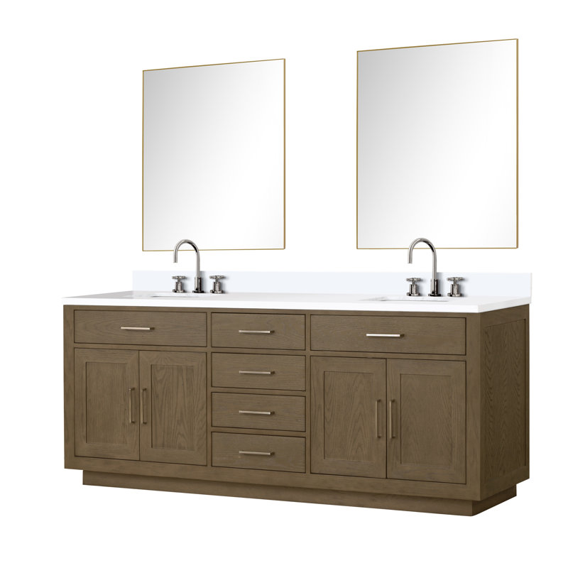 Ensemble de meuble-lavabo double 80 "avec miroir, Chêne noir, Quartz blanc
