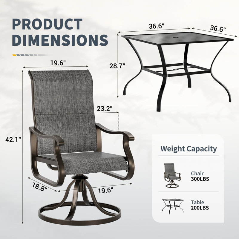 360° Swivel Rocker Patio Dining Set - 4-Person Outdoor Dining Table and Chairs, Dark Gray