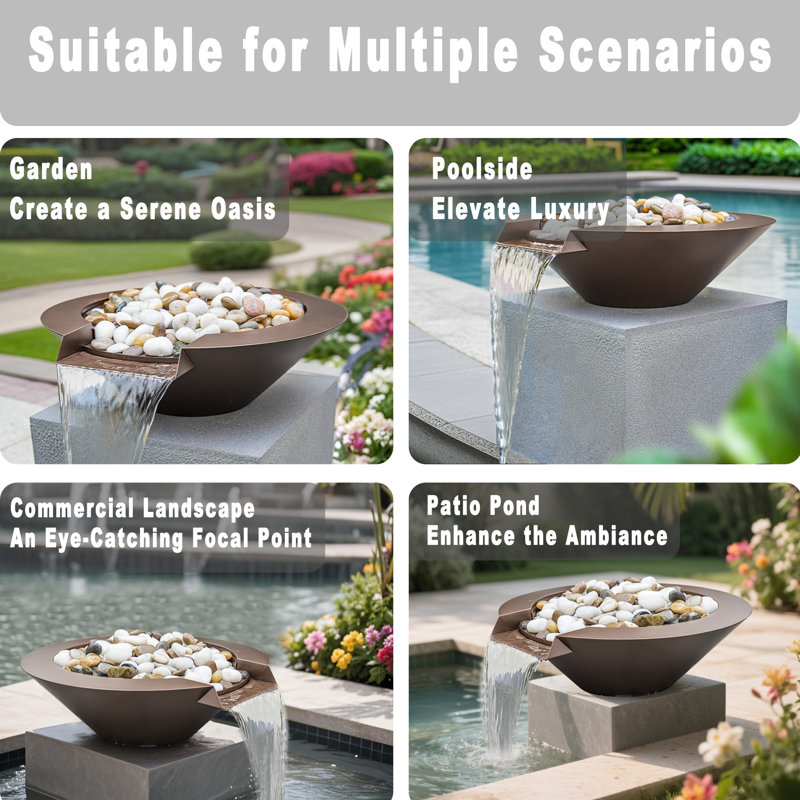 20" Round Garden Water Bowl, Stainless Steel Spilling Water Feature for Outdoor Ponds, and Other Landscaped Areas (Antique Brown Coated)